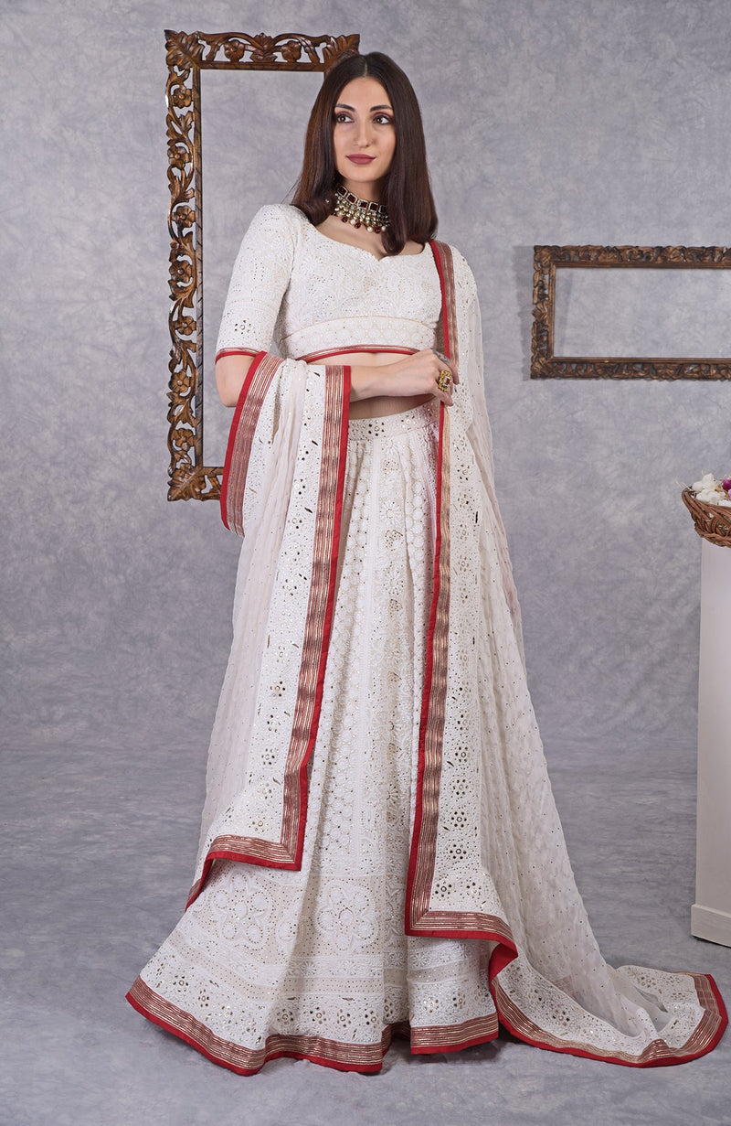 Ivory Chikankari-Kamdani Embroidered Lehenga Set