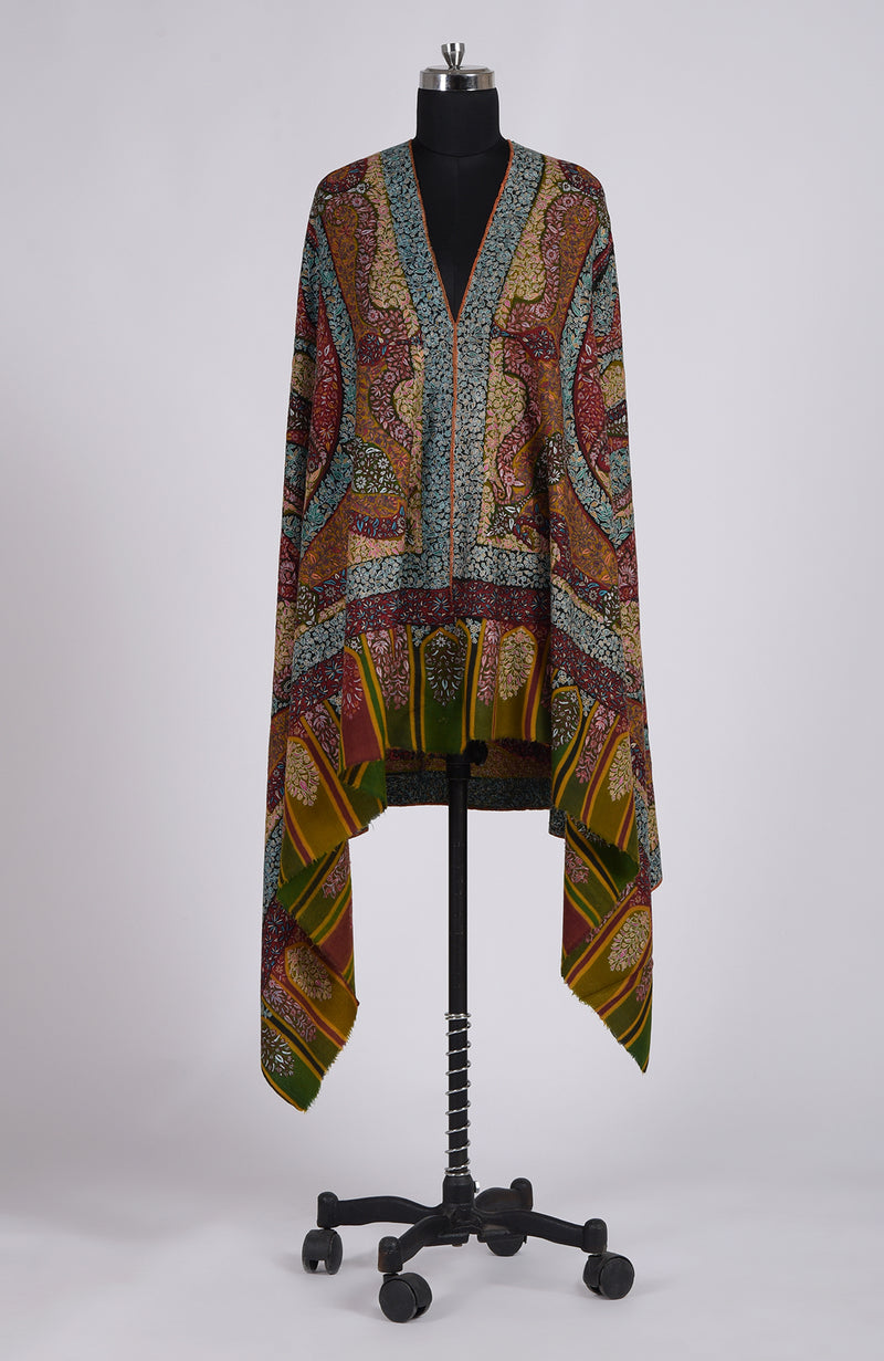 Bottle Green Kalamkari and Sozni Hand Embroidered Pure Pashmina Shawl