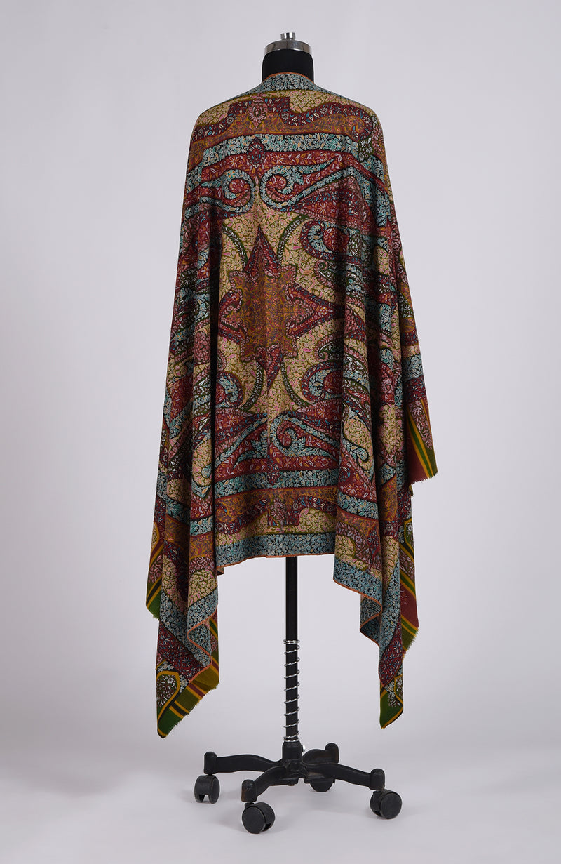 Bottle Green Kalamkari and Sozni Hand Embroidered Pure Pashmina Shawl