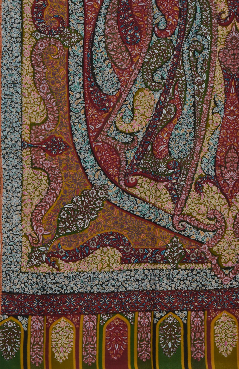 Bottle Green Kalamkari and Sozni Hand Embroidered Pure Pashmina Shawl