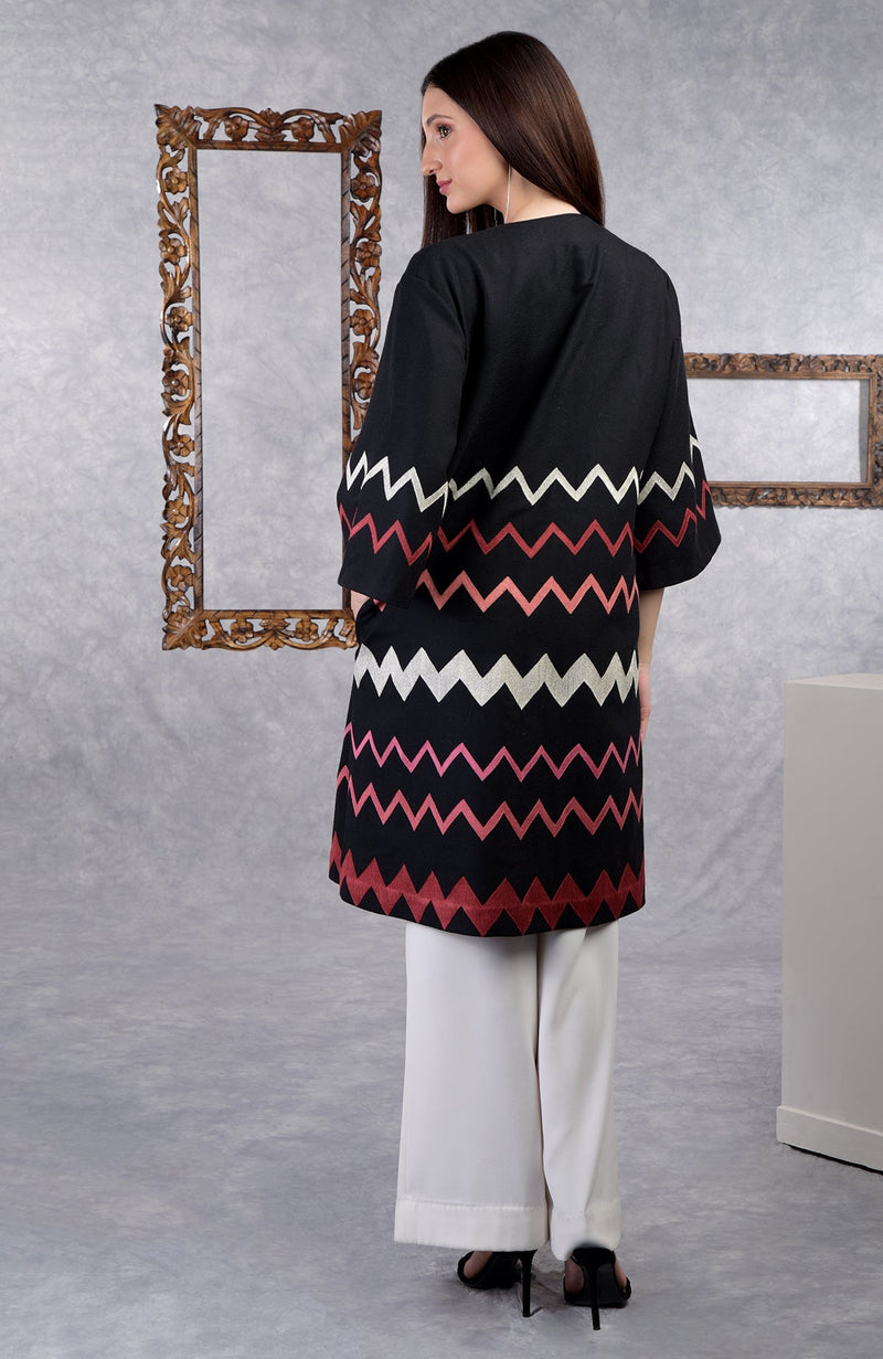 Frida Black Chevron Embroidered Pure Wool Crepe Jacket