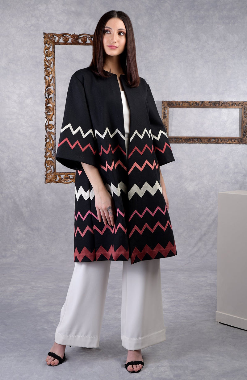 Frida Black Chevron Embroidered Pure Wool Crepe Jacket