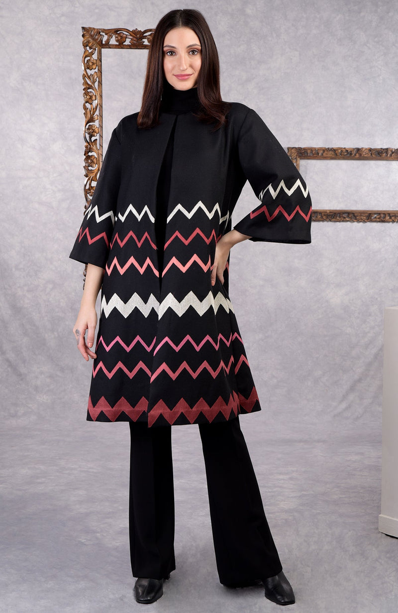 Frida Black Chevron Embroidered Pure Wool Crepe Jacket
