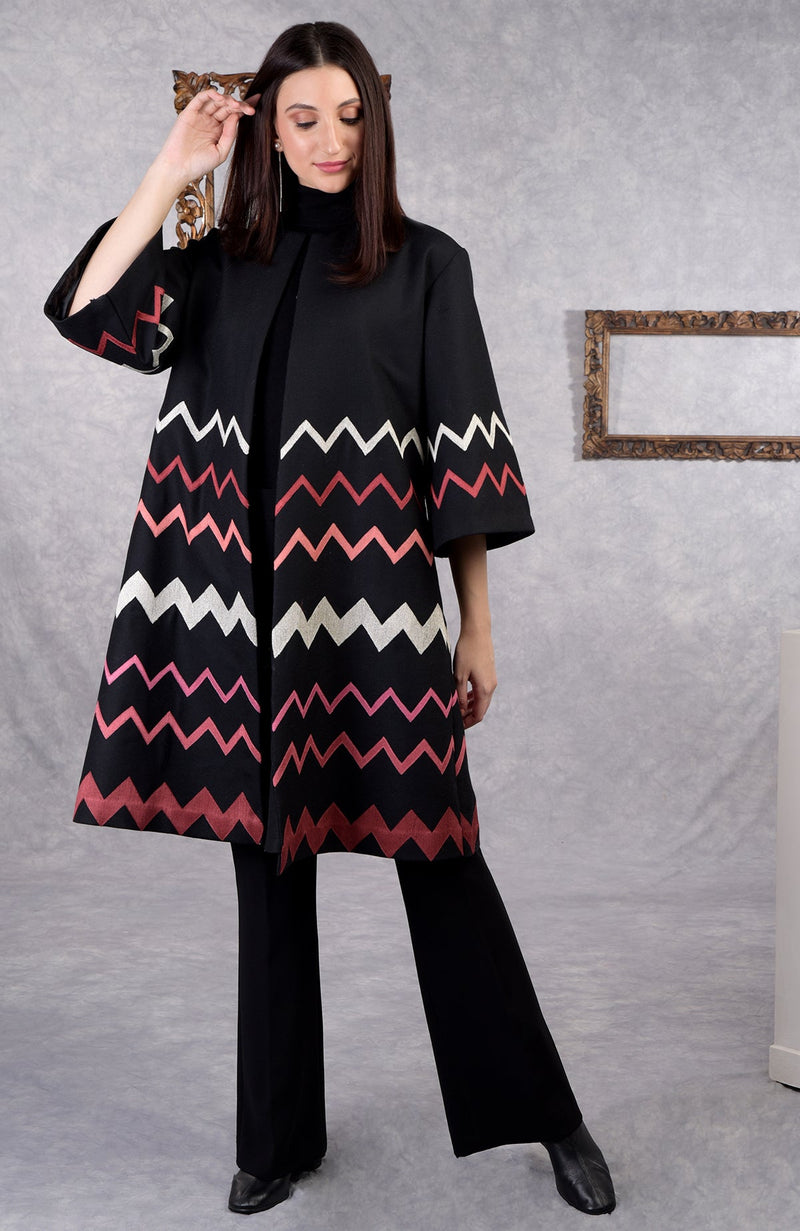 Frida Black Chevron Embroidered Pure Wool Crepe Jacket