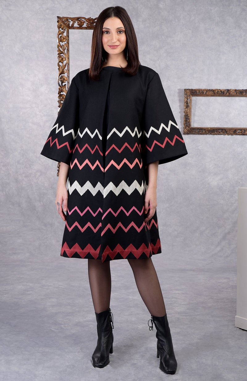 Frida Black Chevron Embroidered Pure Wool Crepe Jacket