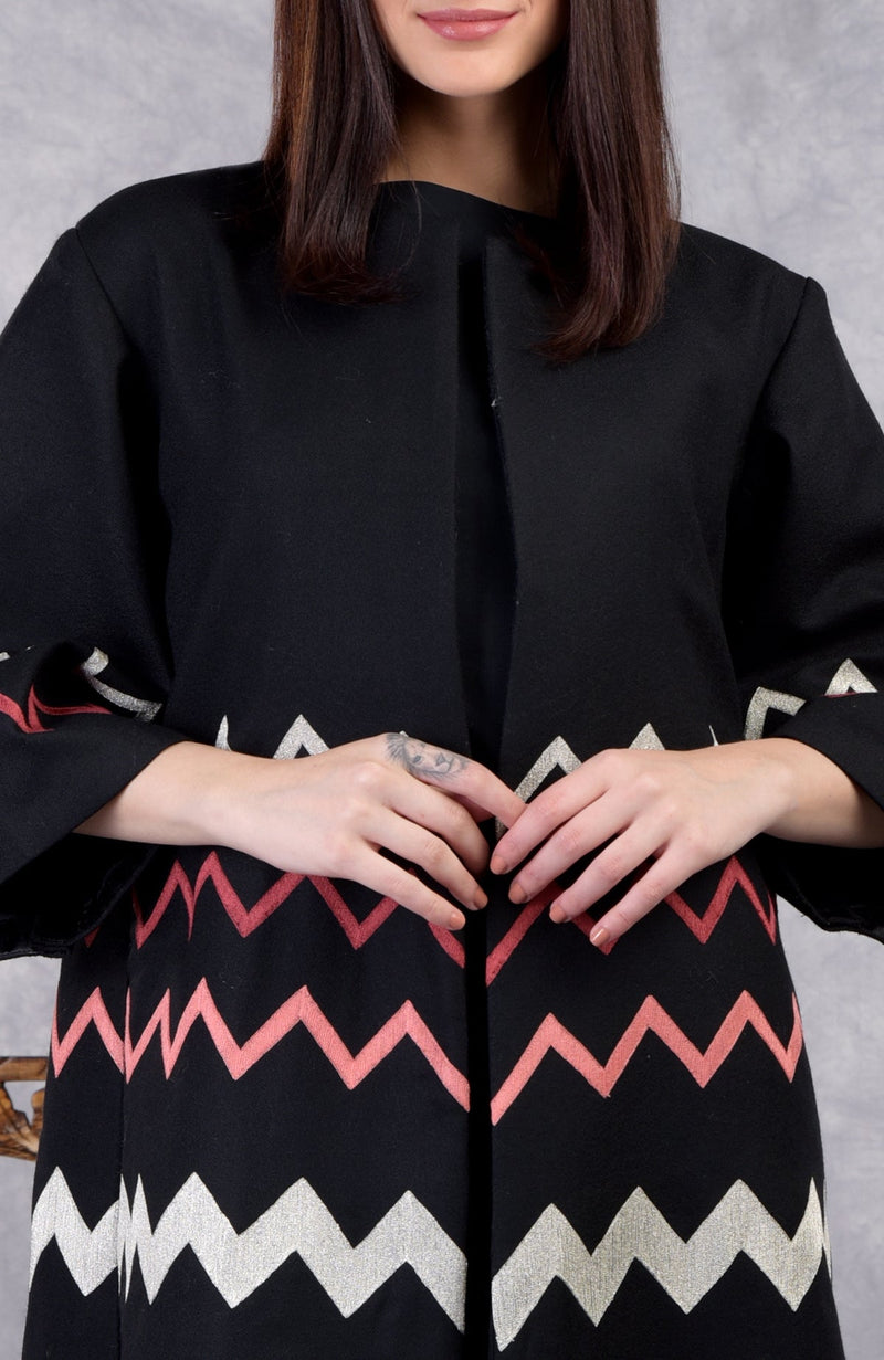 Frida Black Chevron Embroidered Pure Wool Crepe Jacket