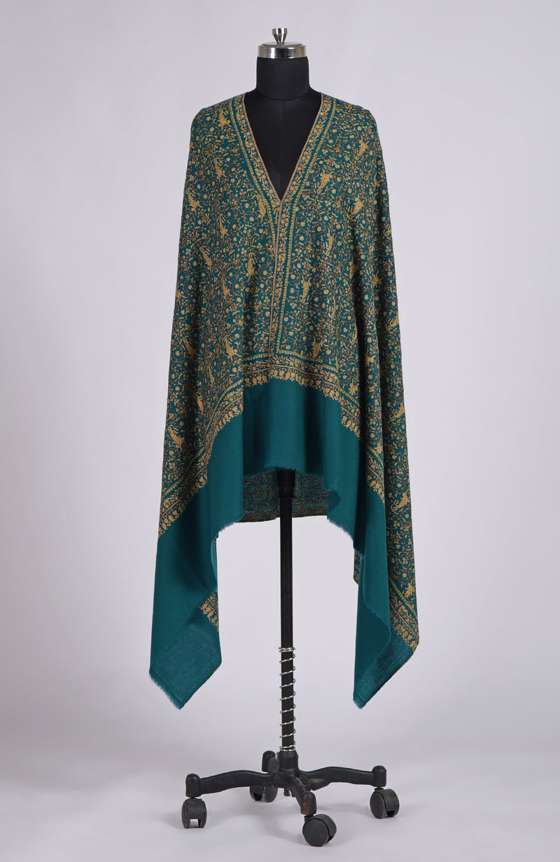 Teal Blue Sozni Hand Embroidered Pure Pashmina Shawl
