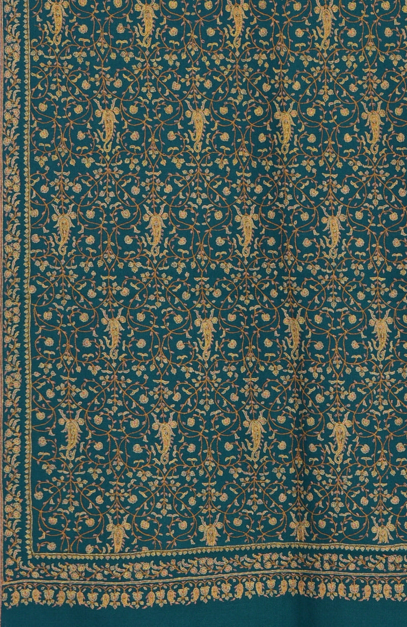 Teal Blue Sozni Hand Embroidered Pure Pashmina Shawl