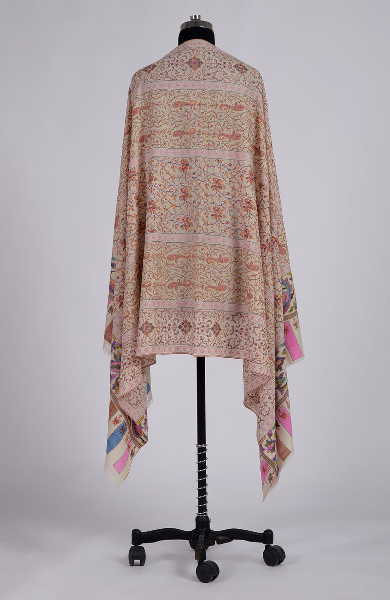 Pashmina White Kani Pallav And Sozni Hand Embroidered Pure Pashmina Shawl