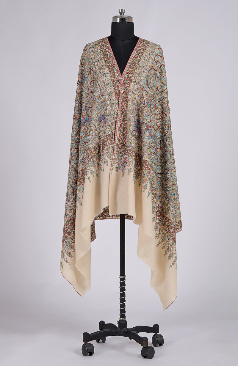 Pashmina White Sozni Hand Embroidered Pure Pashmina Shawl
