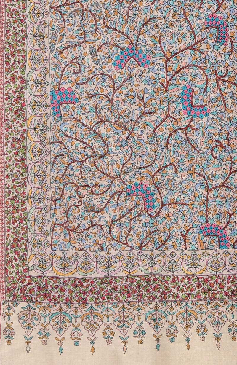 Pashmina White Sozni Hand Embroidered Pure Pashmina Shawl