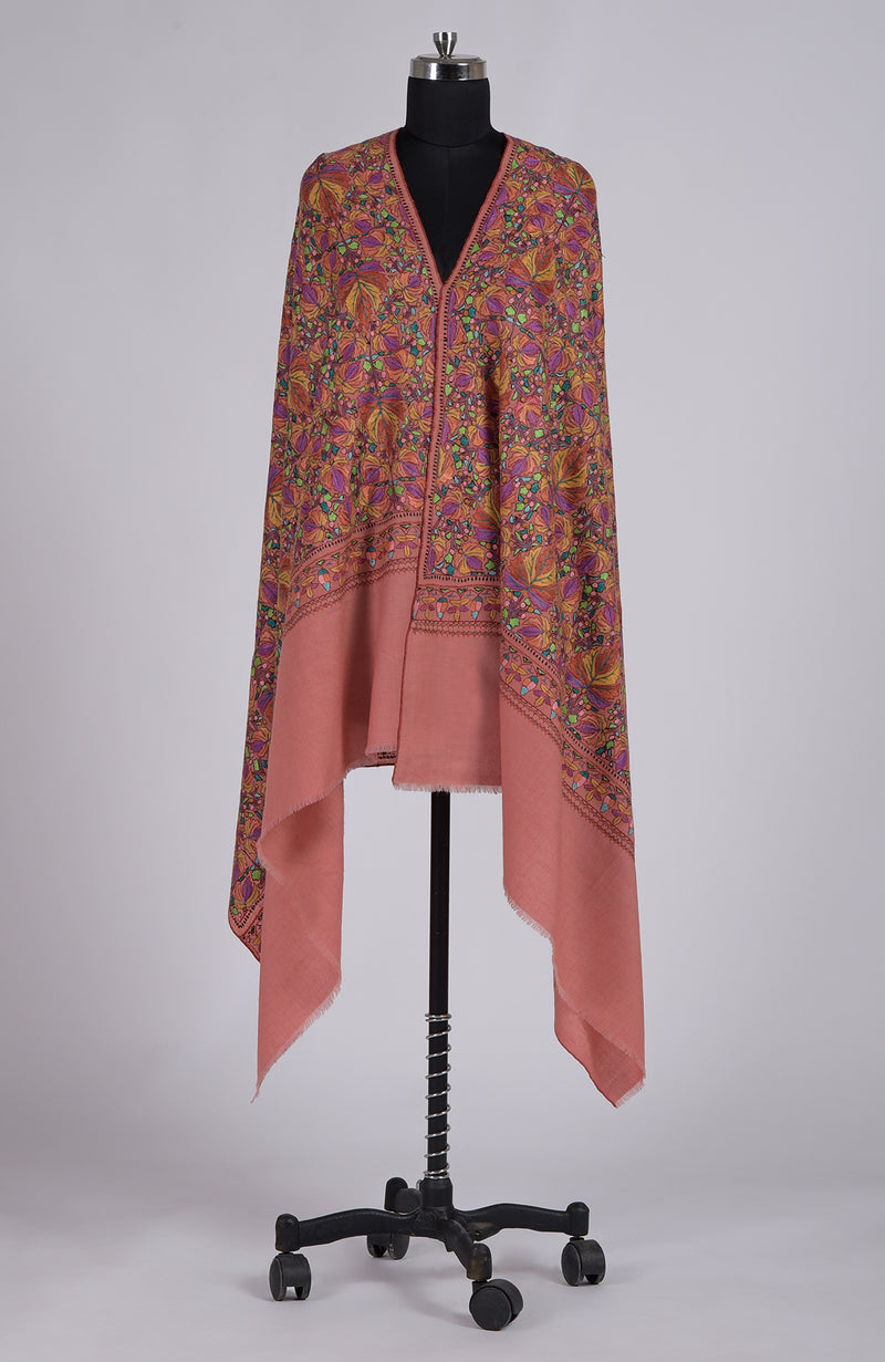 Masterpiece Dark Peach Jamawar Hand Embroidered Pure Pashmina Shawl