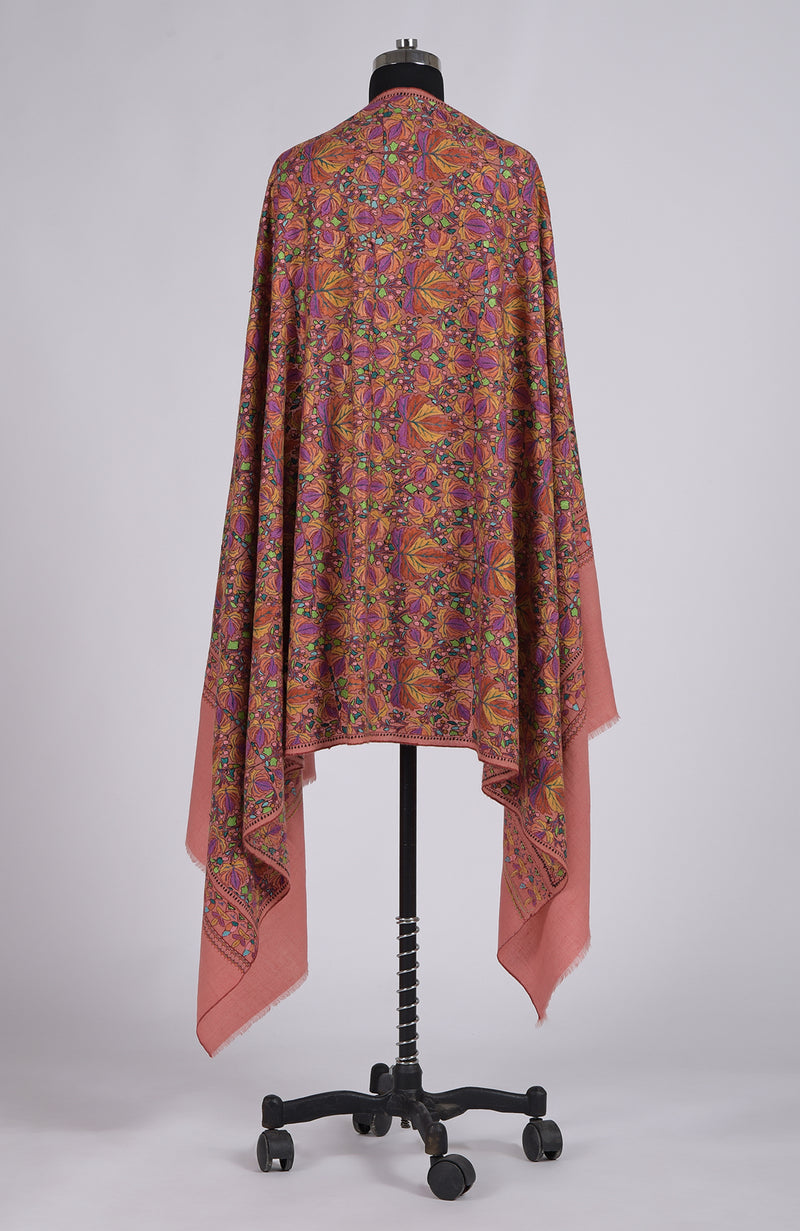 Masterpiece Dark Peach Jamawar Hand Embroidered Pure Pashmina Shawl