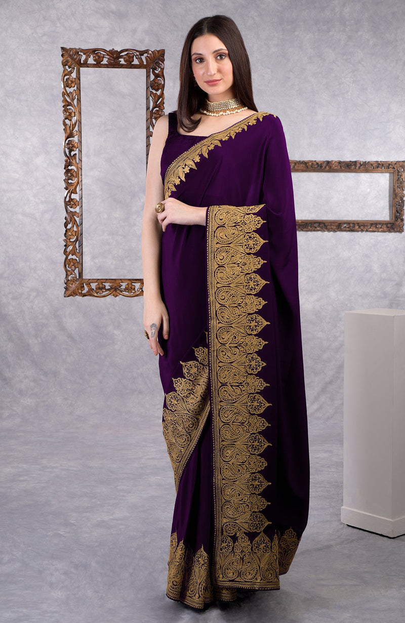 Black-Gold Kashmiri Tilla Aari Embroidered Crepe Saree