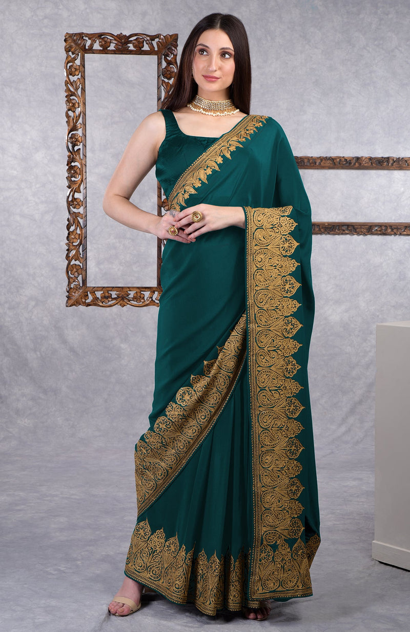 Teal-Gold Kashmiri Tilla Aari Embroidered Crepe Saree