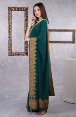 Teal-Gold Kashmiri Tilla Aari Embroidered Crepe Saree