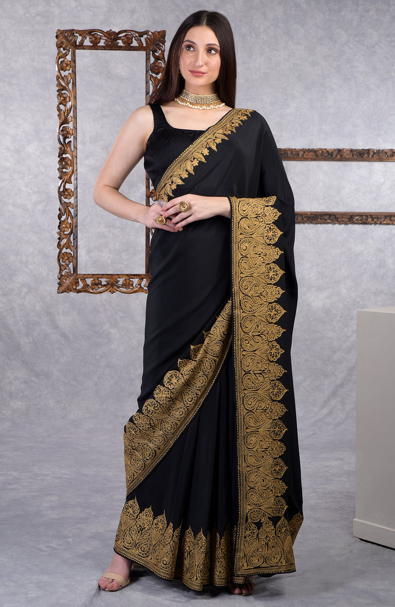 Black-Gold Kashmiri Tilla Aari Embroidered Crepe Saree