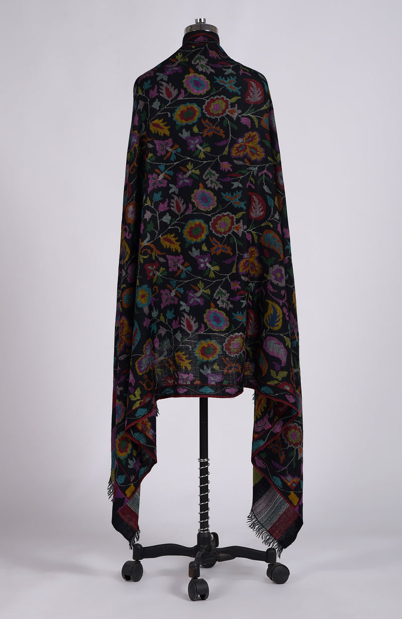 Black Kani Weave Handcrafted Jamawar Pure Pashmina Shawl