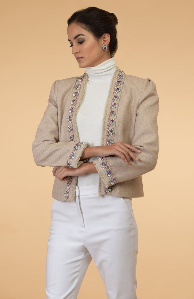 Crystal Hand Embroidered Beige Tweed Jacket
