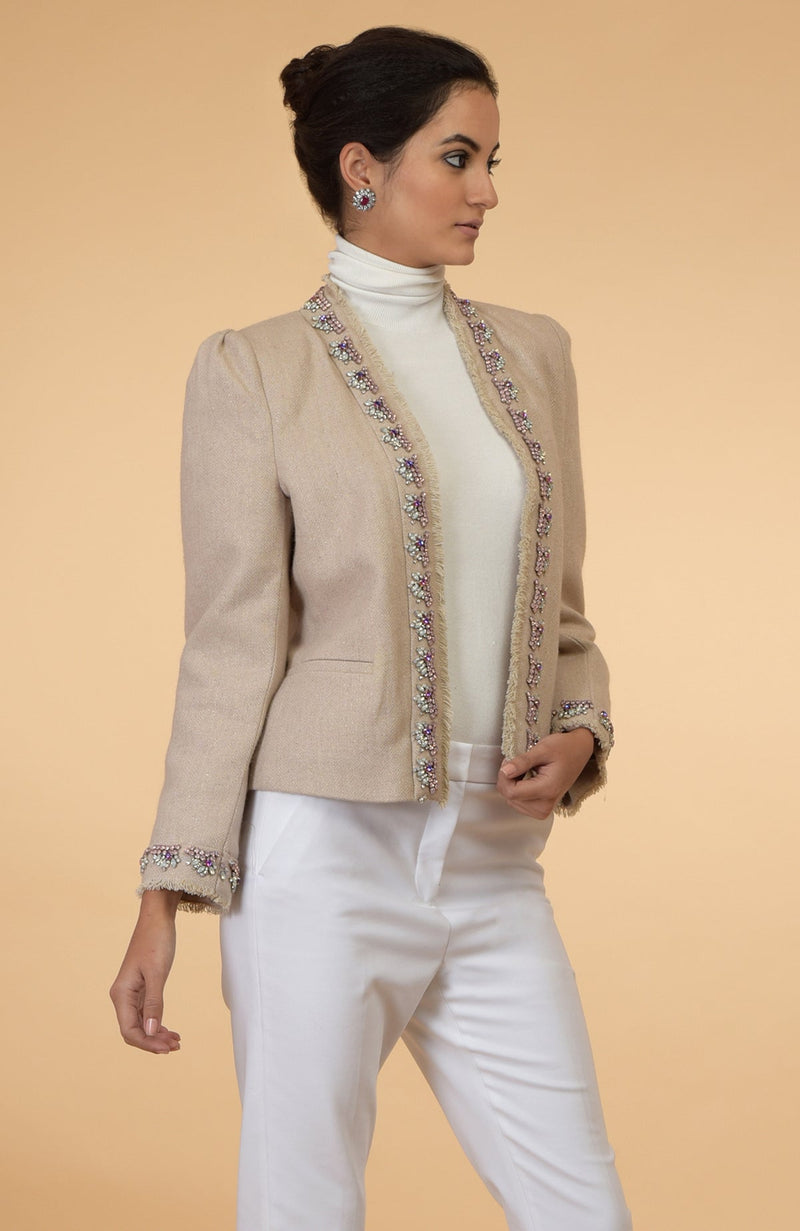 Crystal Hand Embroidered Beige Tweed Jacket