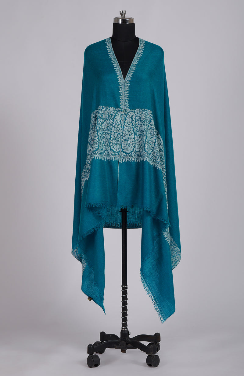 Deep Turquoise Sozni Hand Embroidered Pure Pashmina Shawl