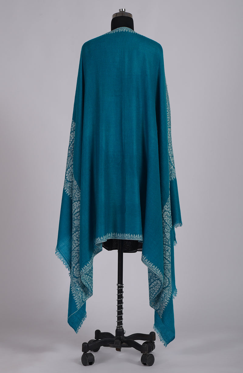 Deep Turquoise Sozni Hand Embroidered Pure Pashmina Shawl
