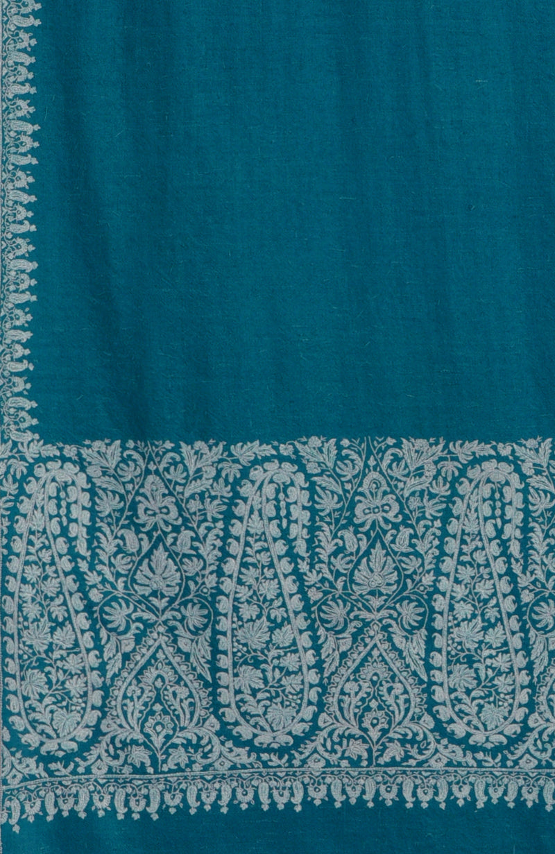 Deep Turquoise Sozni Hand Embroidered Pure Pashmina Shawl