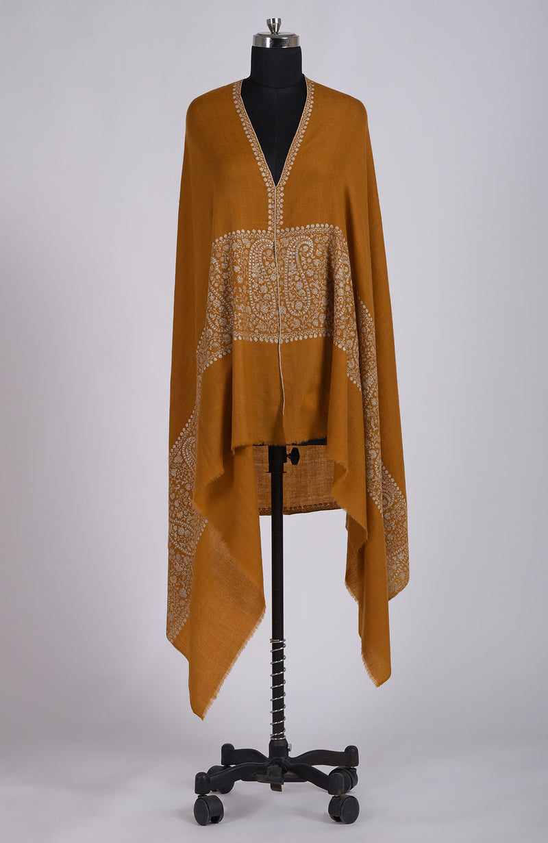 Golden Mustard Sozni Hand Embroidered Pure Pashmina Shawl