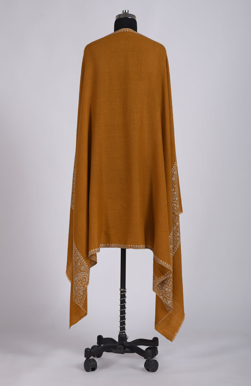 Golden Mustard Sozni Hand Embroidered Pure Pashmina Shawl