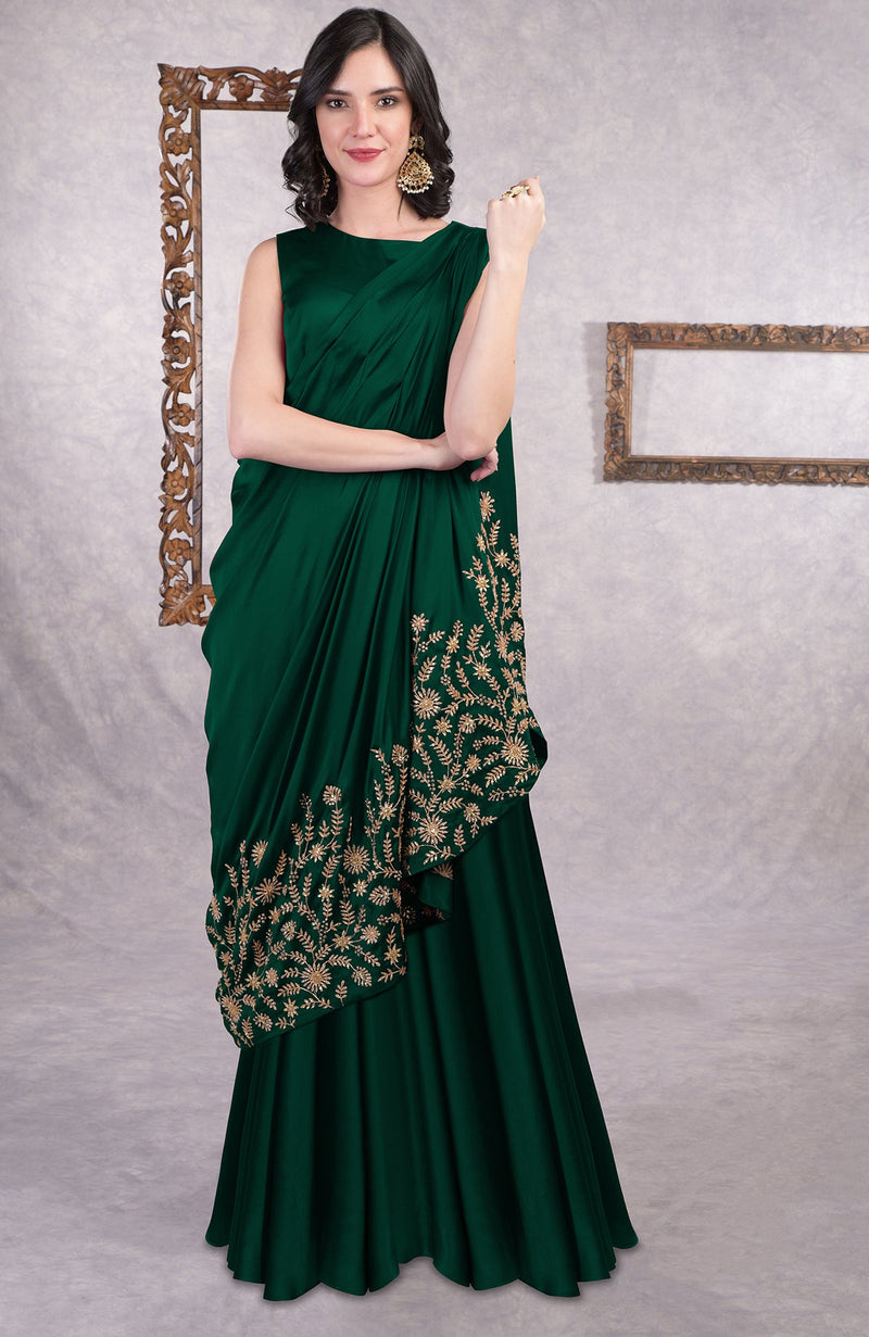 Emerald Green - Gold Hand Embroidered Toga Saree