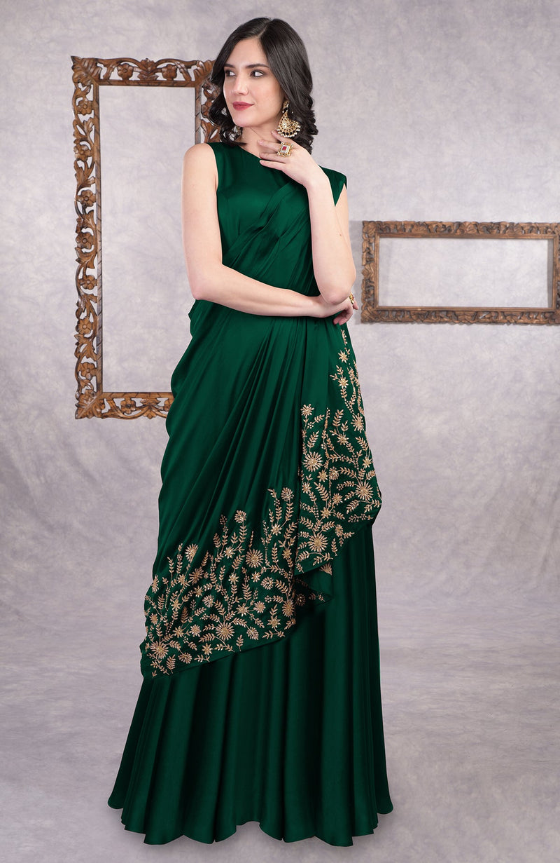 Emerald Green - Gold Hand Embroidered Toga Saree