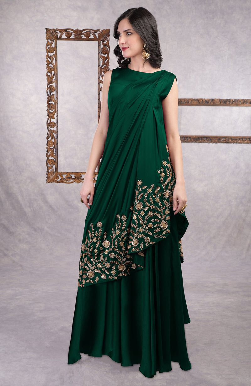 Emerald Green - Gold Hand Embroidered Toga Saree