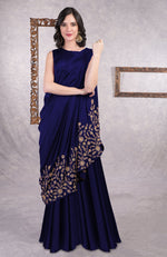 Midnight Blue - Gold Hand Embroidered Toga Saree