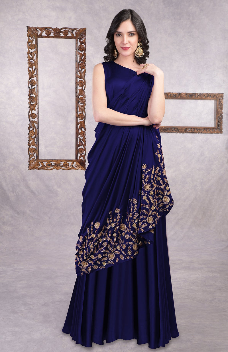 Midnight Blue - Gold Hand Embroidered Toga Saree