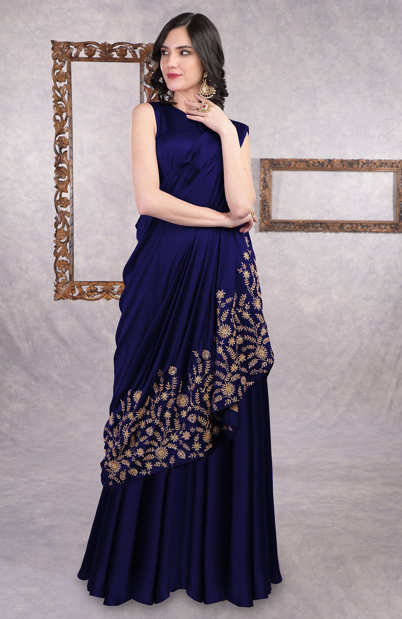 Midnight Blue - Gold Hand Embroidered Toga Saree