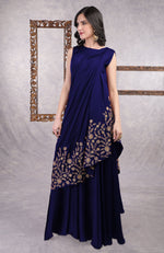 Midnight Blue - Gold Hand Embroidered Toga Saree