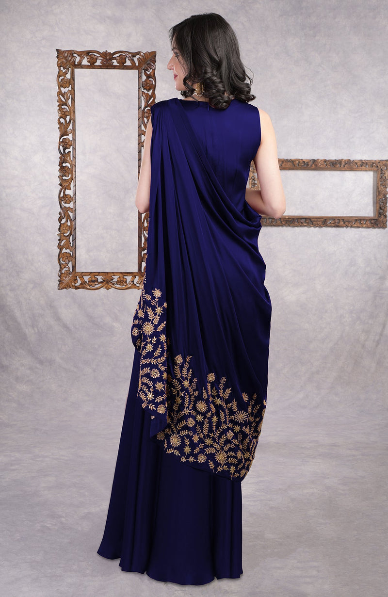 Midnight Blue - Gold Hand Embroidered Toga Saree