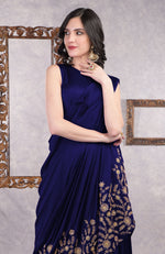 Midnight Blue - Gold Hand Embroidered Toga Saree