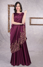 Wine -Gold Hand Embroidered Toga Saree