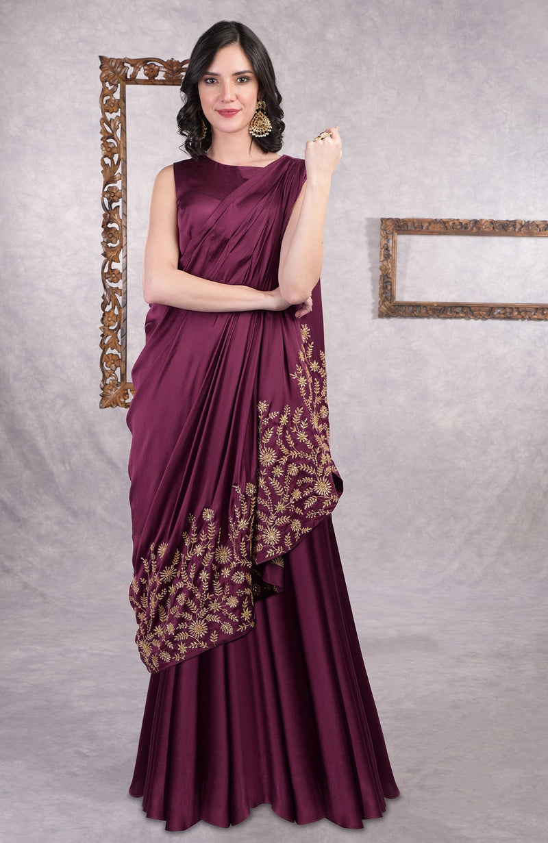 Wine -Gold Hand Embroidered Toga Saree