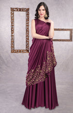 Wine -Gold Hand Embroidered Toga Saree