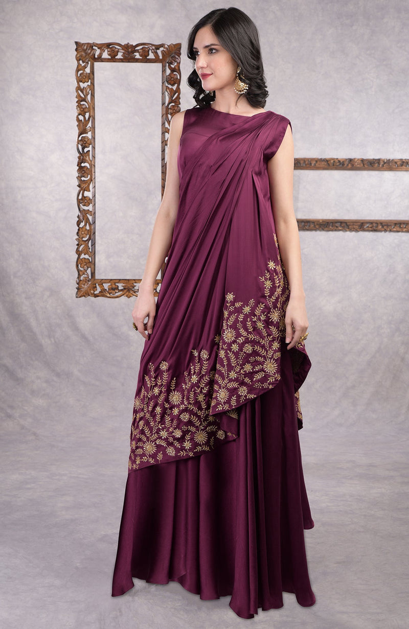 Wine -Gold Hand Embroidered Toga Saree