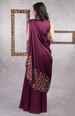 Wine -Gold Hand Embroidered Toga Saree