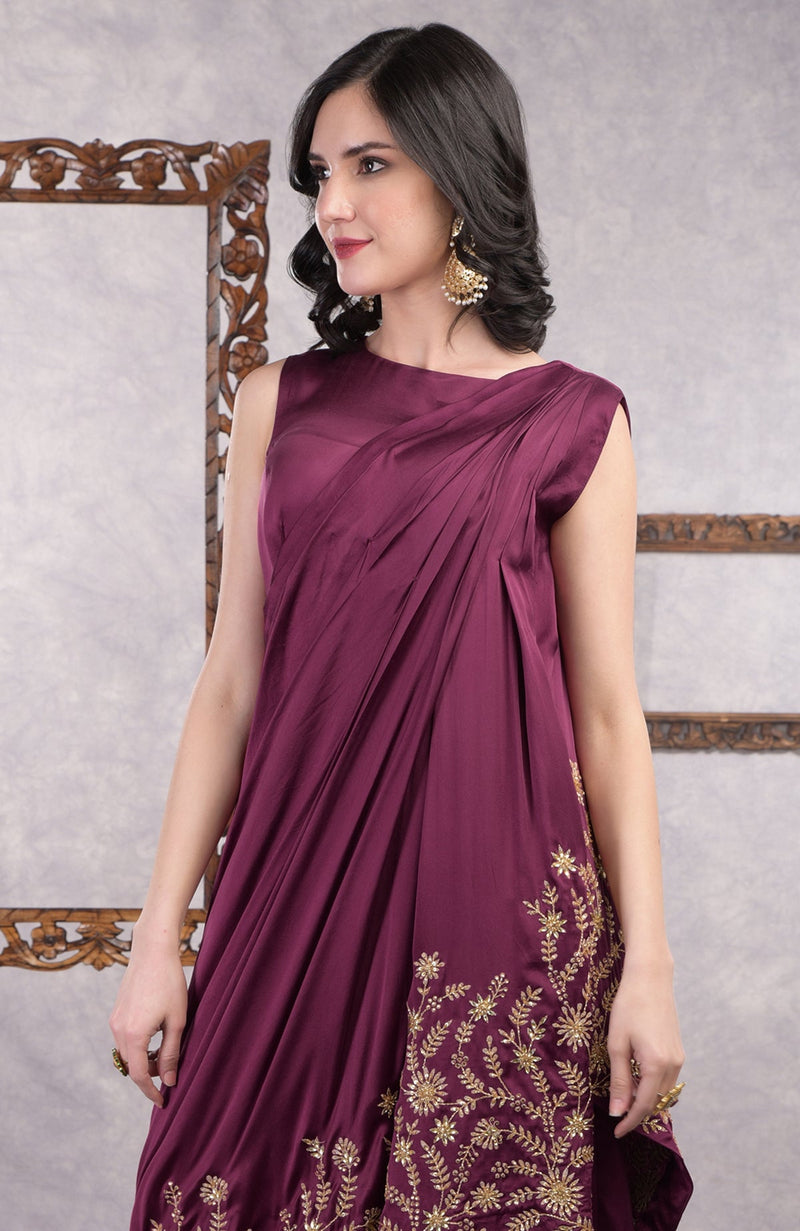 Wine -Gold Hand Embroidered Toga Saree