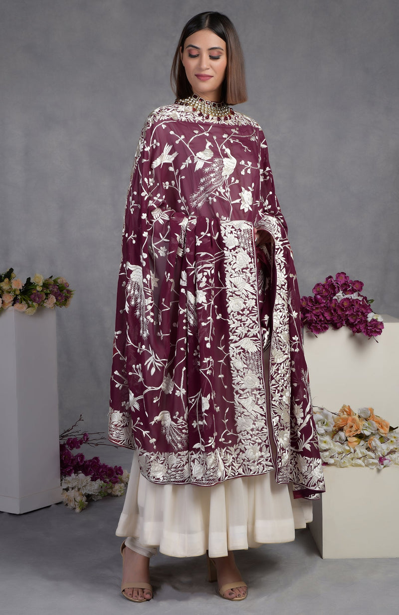Masterpiece Ruby Wine Parsi Gara Hand Embroidered Dupatta