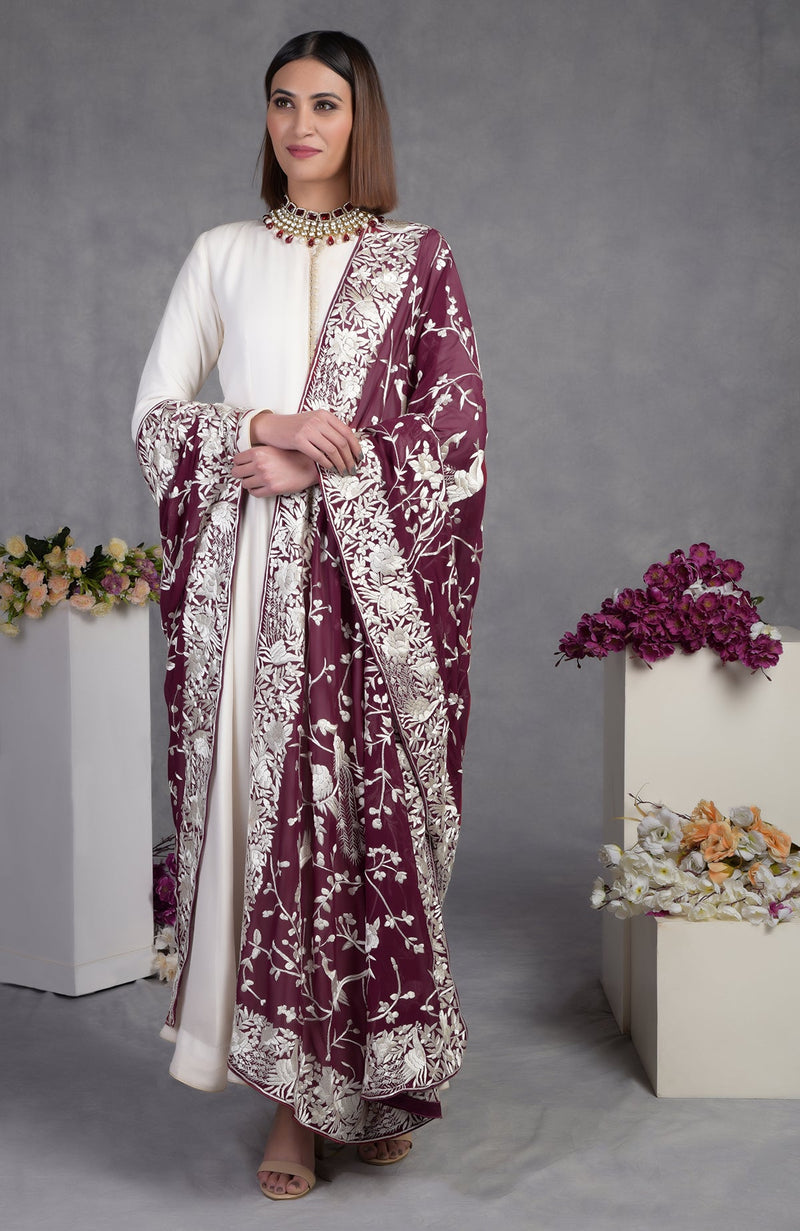 Masterpiece Ruby Wine Parsi Gara Hand Embroidered Dupatta