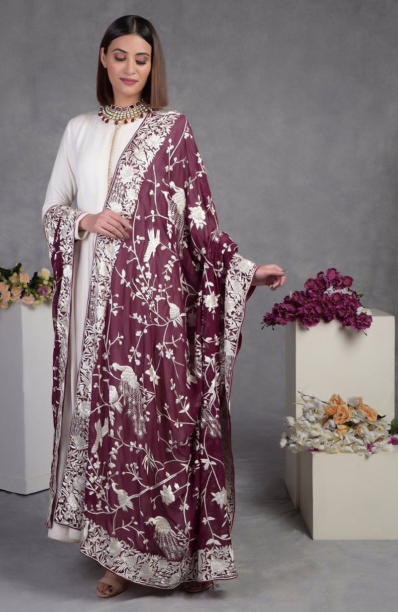 Masterpiece Ruby Wine Parsi Gara Hand Embroidered Dupatta