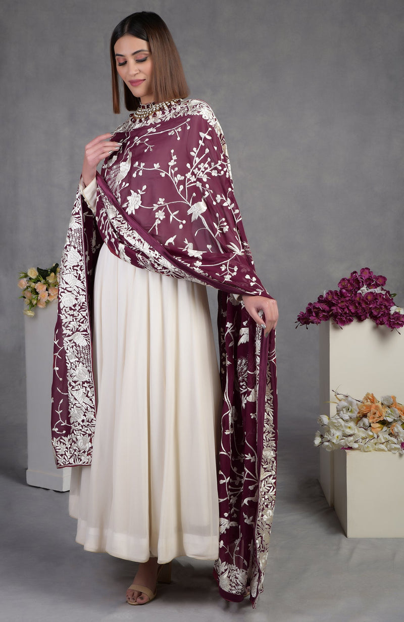 Masterpiece Ruby Wine Parsi Gara Hand Embroidered Dupatta