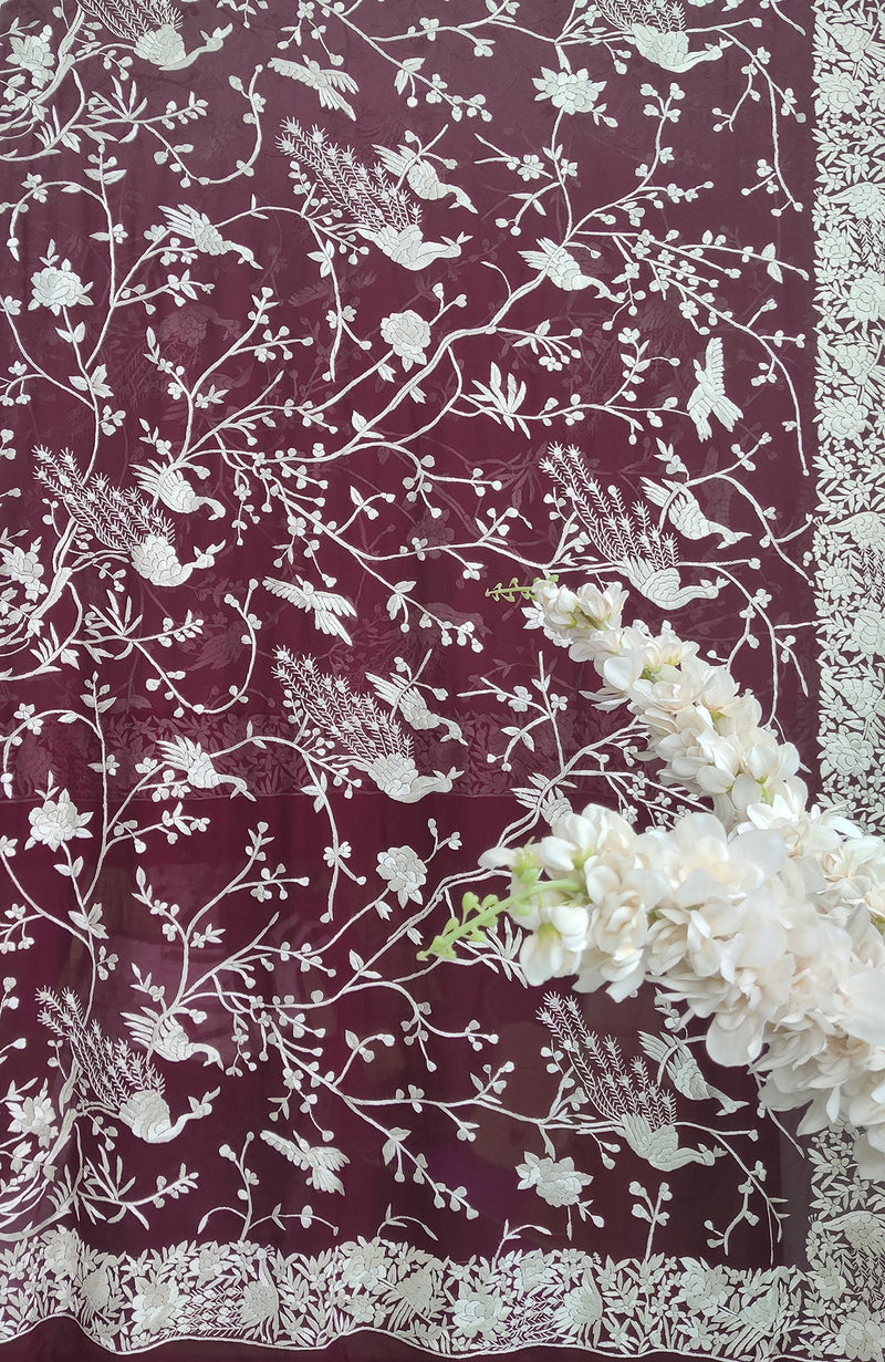 Wine Parsi Gara Hand Embroidered Dupatta With Chikankari Anarkali