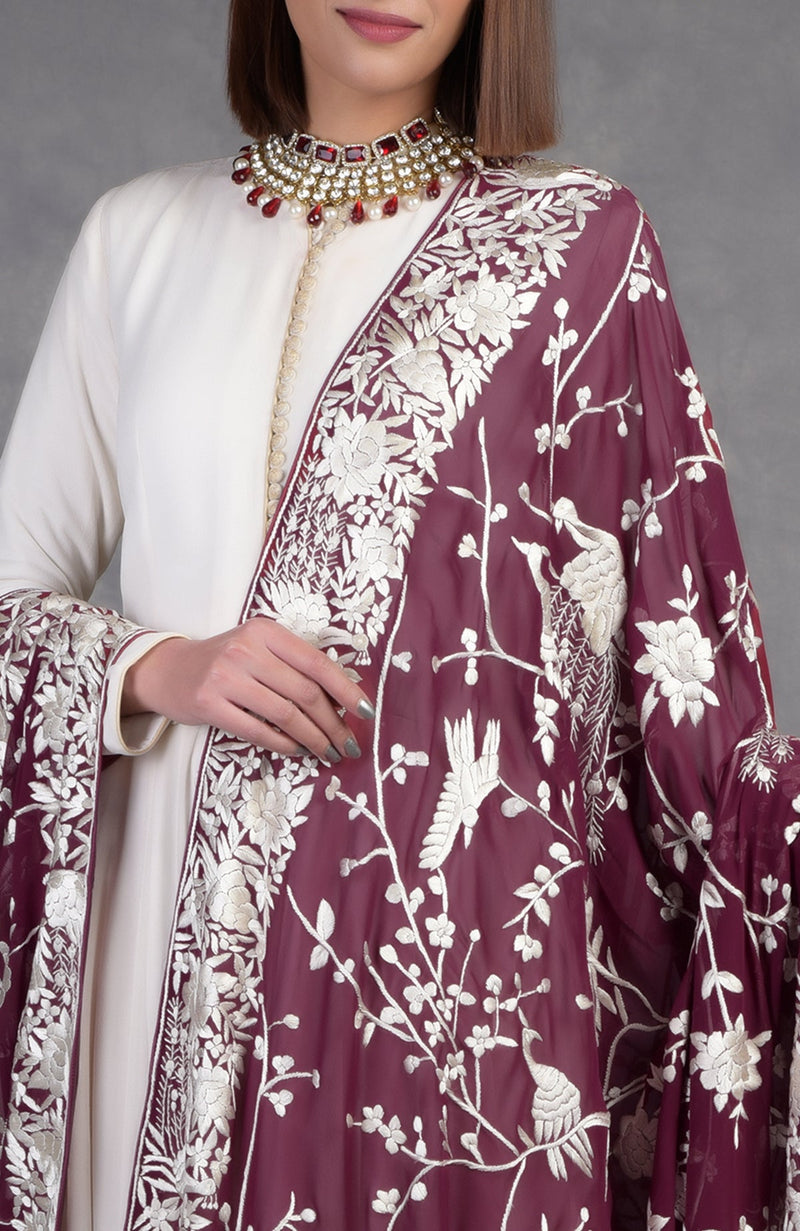 Masterpiece Ruby Wine Parsi Gara Hand Embroidered Dupatta
